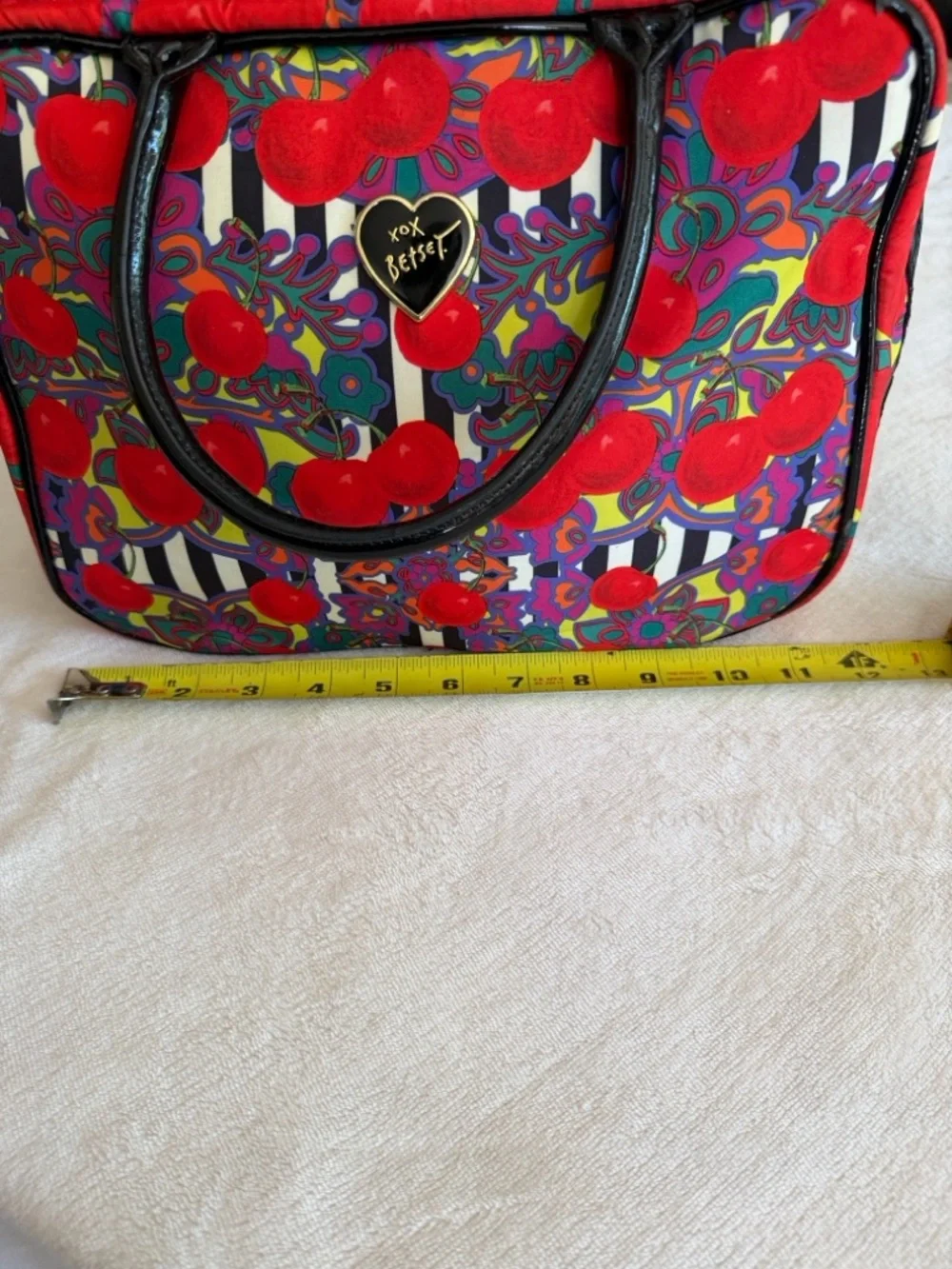 Betsey Johnson Red Cherry Print Cosmetic bag with Stripes & Floral Motif